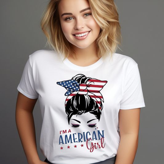 Smiling woman wearing a white American girl messy bun t-shirt with an American flag design
