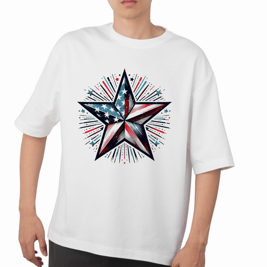 White American star t-shirt with large patriotic star design featuring red white and blue colors