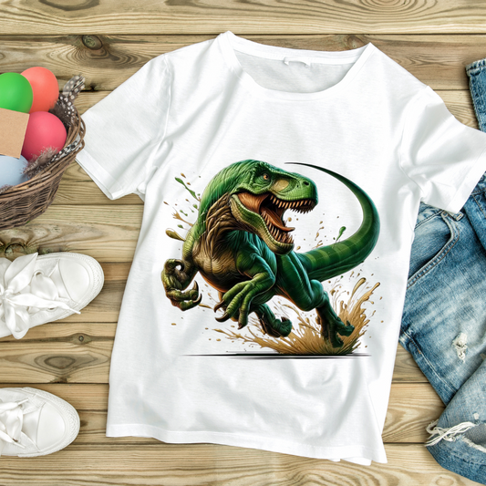 White angry dino t-shirt featuring a roaring green T-Rex running with splashes on wooden background