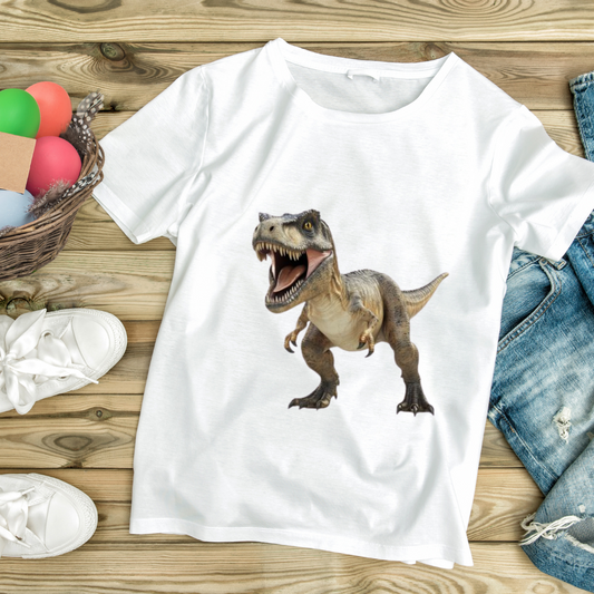 White angry T-Rex t-shirt with realistic dinosaur graphic laid on wooden surface with casual shoes and denim shorts