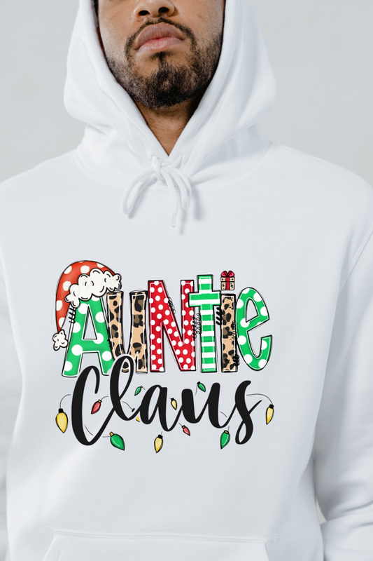 White Auntie Claus hoodie with festive holiday design including Santa hat and Christmas lights