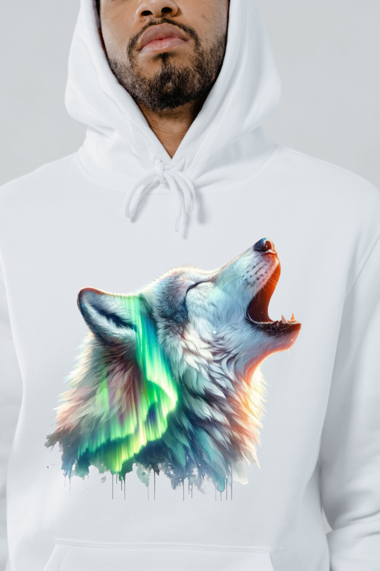 White hoodie with colorful wolf and aurora borealis hoodie design on front by Customizable Creations