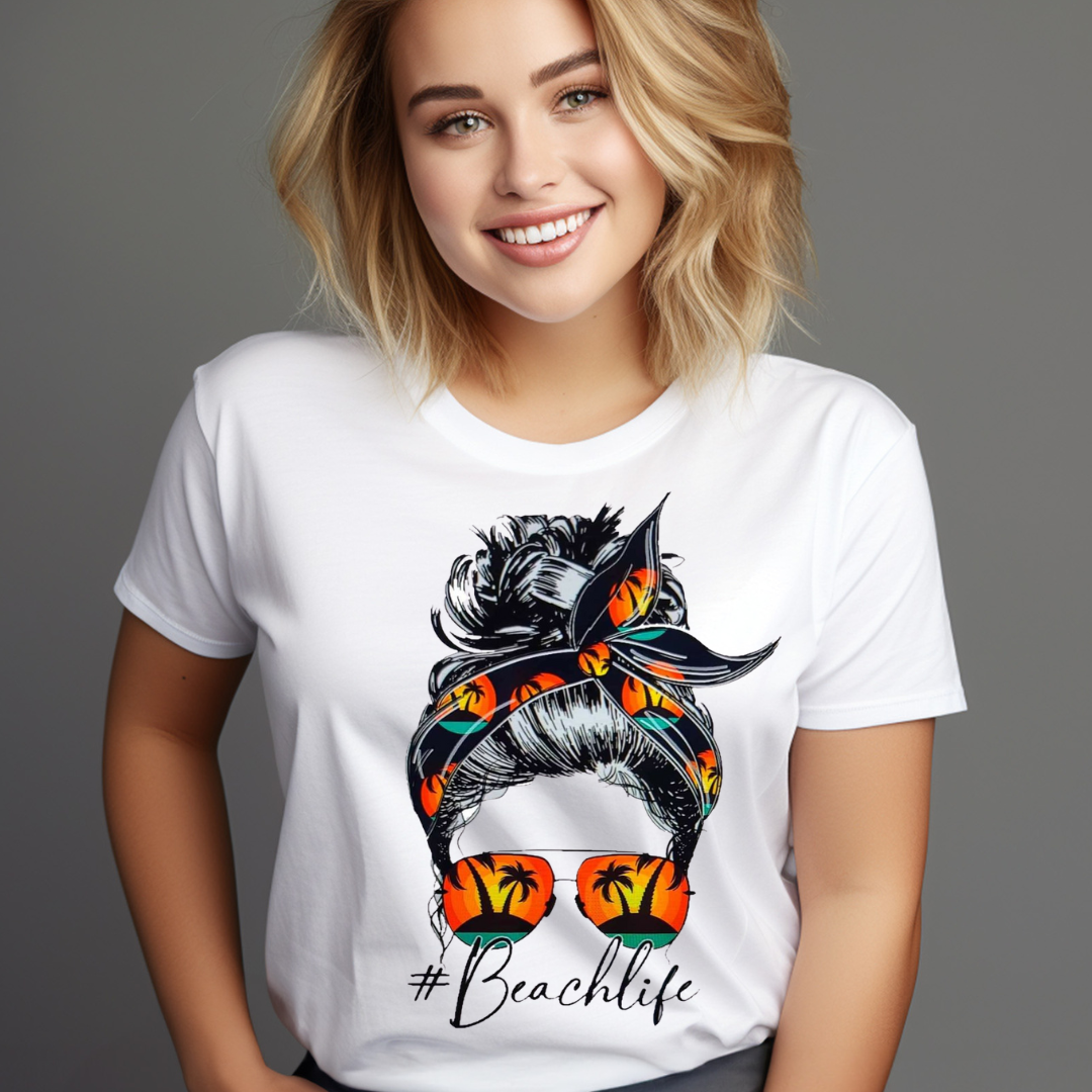 White beach life t-shirt with graphic of woman wearing palm tree sunglasses and headband
