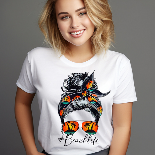 White beach life t-shirt with graphic of woman wearing palm tree sunglasses and headband