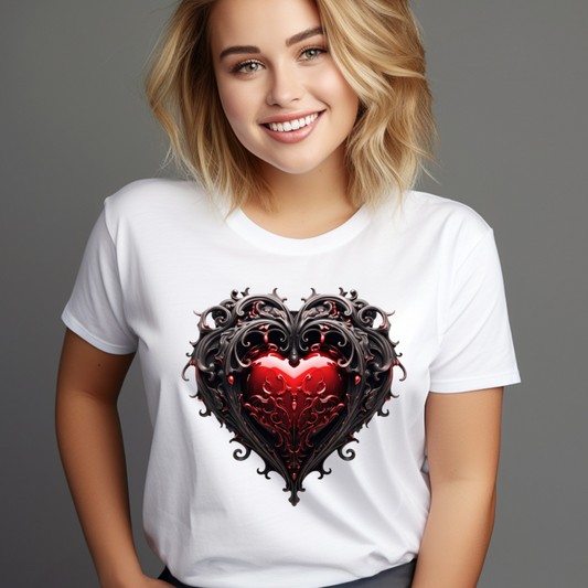 Smiling woman wearing a white customizable creations black and red heart t-shirt with intricate heart design