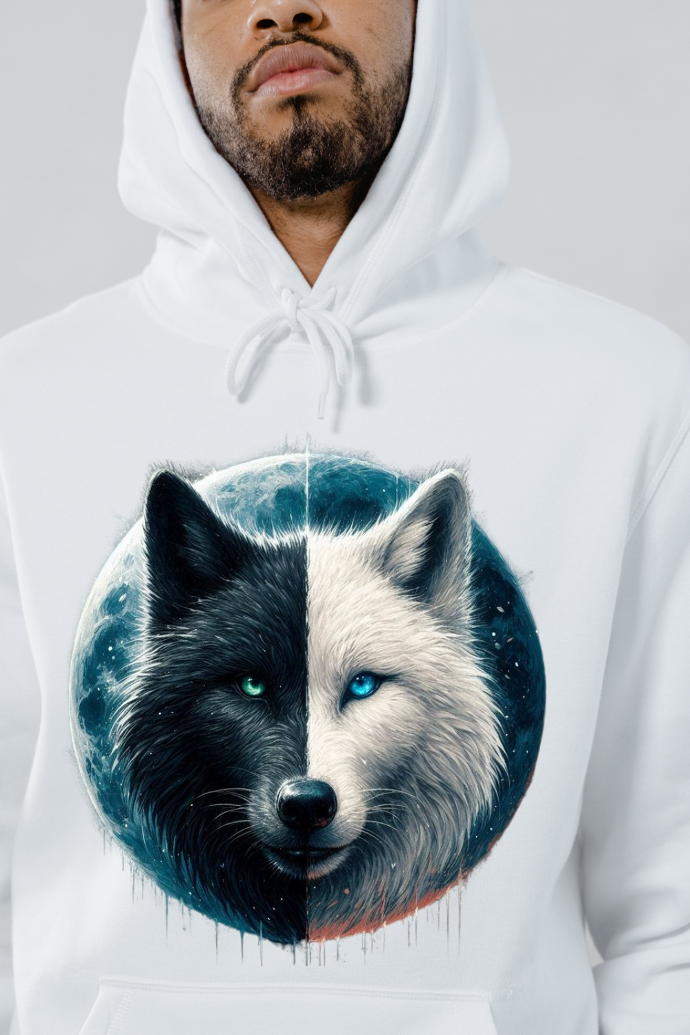 White hoodie from Customizable Creations featuring a black and white wolf hoodie graphic with blue eyes