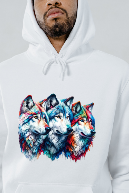 White hoodie featuring a colorful wolf sweatshirt design with three vibrant wolf heads on the front