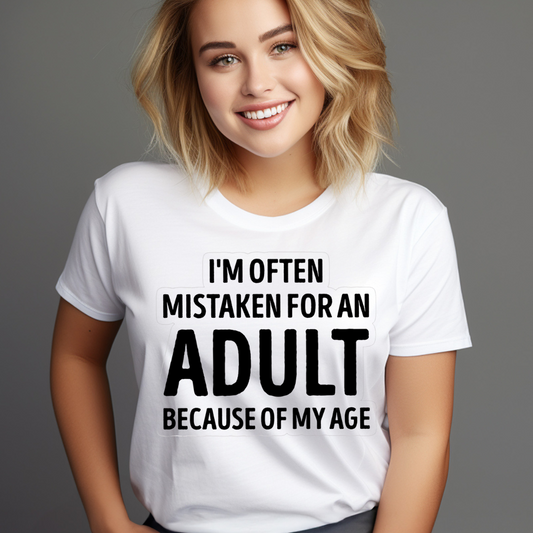 Smiling woman wearing a white funny statement t-shirts with a humorous adult age quote