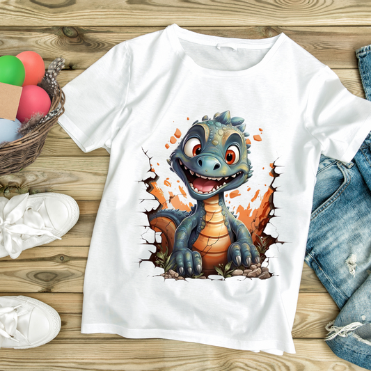 White t-shirt featuring a cute breaking wall dinosaur design by customizable creations