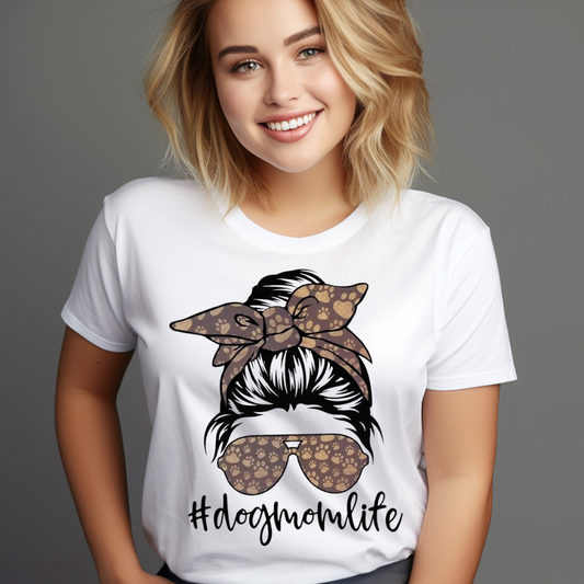 White t-shirt with #dogmomlife design featuring brown paw print sunglasses and headband brown dog mom t-shirt