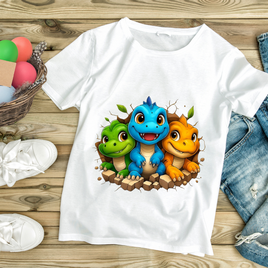 Colorful dino kids shirt featuring three playful green, blue, and orange dinosaurs on a white tee