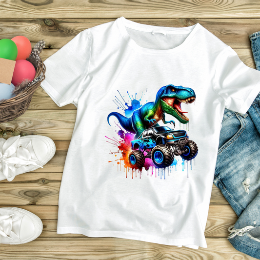 White t-shirt with vibrant colorful design of a T-Rex dinosaur riding a monster truck cool monster truck dinosaur clothing