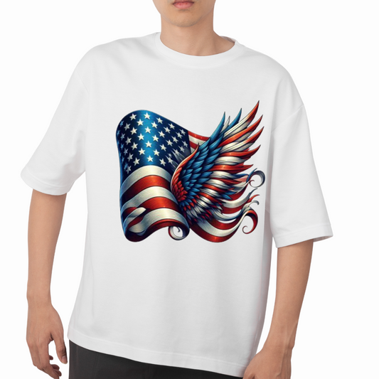 White custom American flag shirt with a detailed American flag and wing design printed on the front