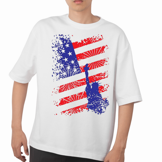 White custom American flag t shirt with blue Statue of Liberty and red fireworks design