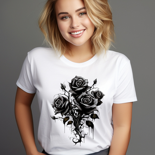 Smiling woman wearing a customizable creations custom black rose t-shirt with artistic black rose design