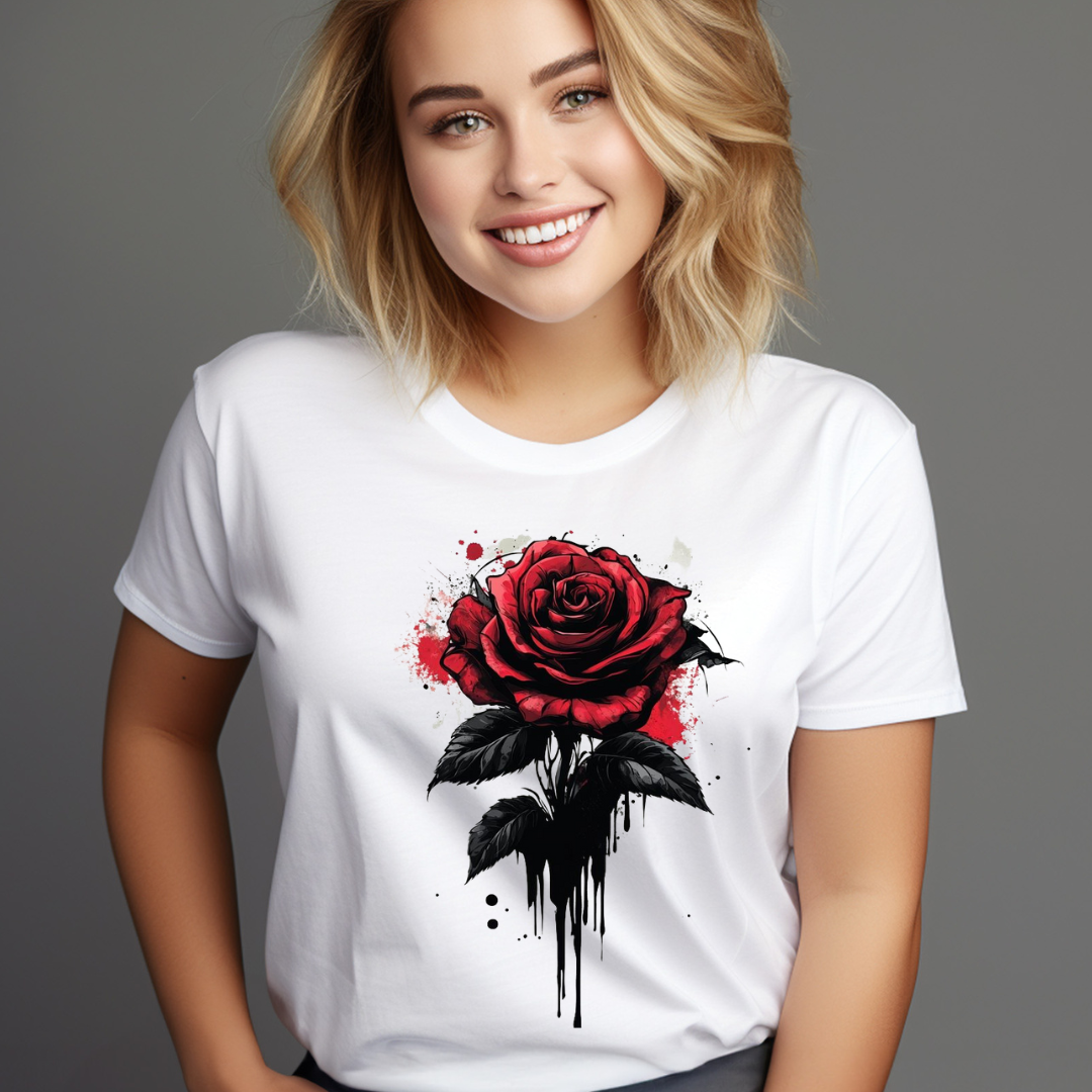 Smiling woman wearing a white custom dark red rose shirt with artistic dripping paint design