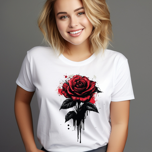 Smiling woman wearing a white custom dark red rose shirt with artistic dripping paint design