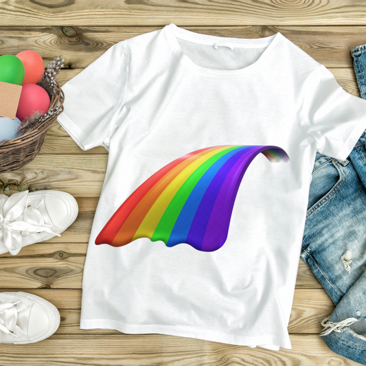 White custom rainbow t-shirts with vibrant 3D rainbow design laid flat with casual shoes and denim shorts