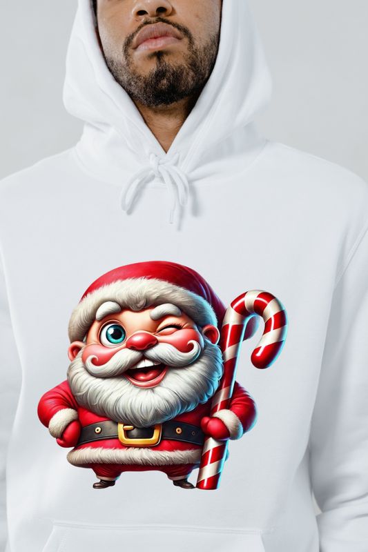 Custom Santa candy cane gift hoodie featuring a winking Santa holding a red and white candy cane
