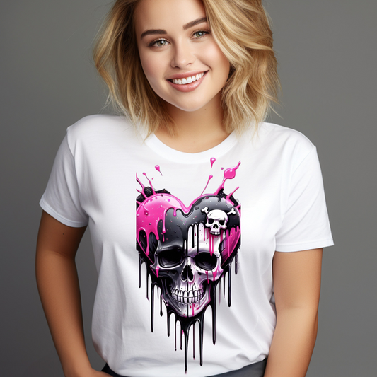 Smiling woman wearing a white custom skull graphic tee with black and pink dripping heart skull design