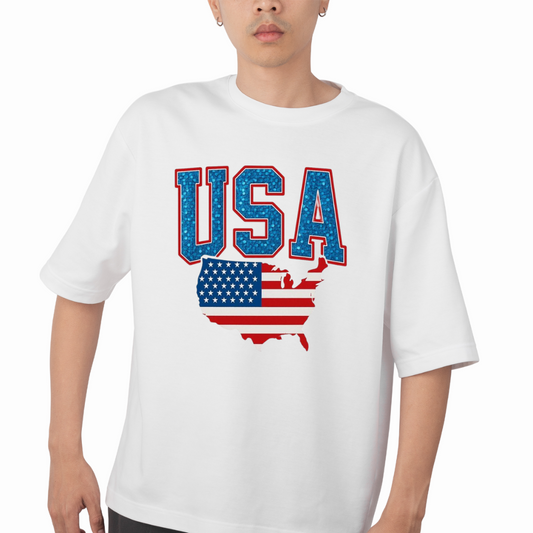Custom USA t-shirt with Halloween The Boo Crew design in black and orange on white cotton fabric