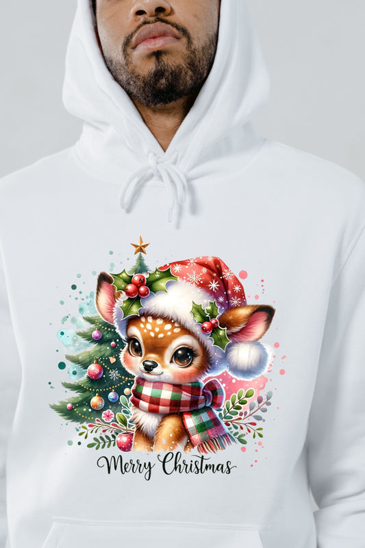 White cute animal Christmas hoodie featuring a deer in a Santa hat and scarf with a decorated Christmas tree
