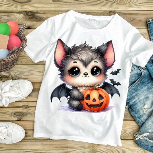 White t-shirt with cute cartoon bat puppy holding a Halloween pumpkin jack o lantern