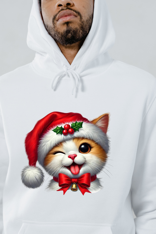 White hoodie featuring a cute cat holiday outfit design with a winking cat wearing a Santa hat and red bow