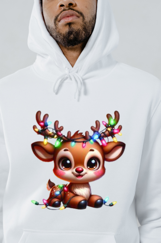 White cute deer hoodie with colorful Christmas light design on front by Customizable Creations