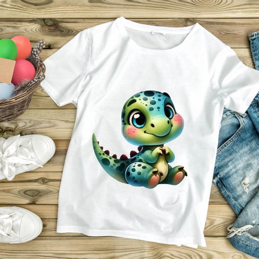 White cute dino t-shirt for kids featuring an adorable cartoon baby dinosaur design
