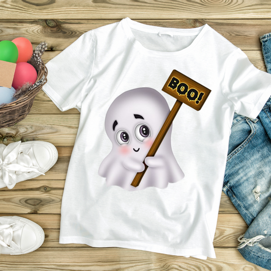 White cute ghost shirt for kids with a smiling ghost holding a wooden sign that says BOO