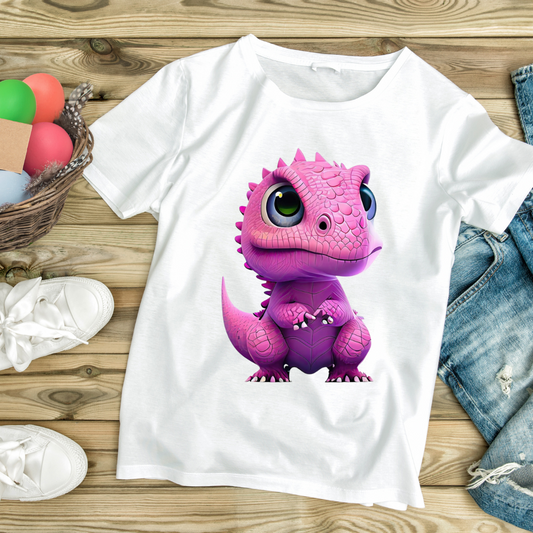 Cute pink dinosaur shirt featuring an adorable cartoon dinosaur on a white tee