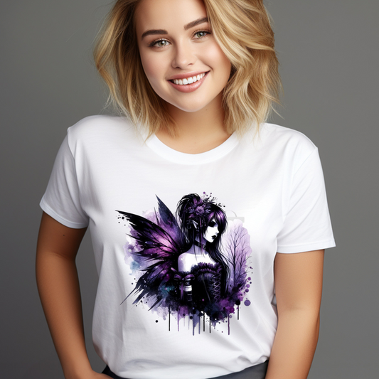 White t-shirt featuring a dark purple fairy shirt design with a gothic fairy and wings artwork