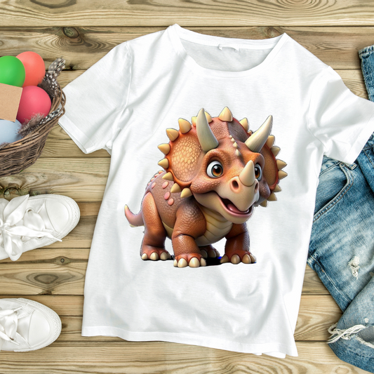 White t-shirt featuring a cute cartoon dino triceratops with big eyes from Customizable Creations