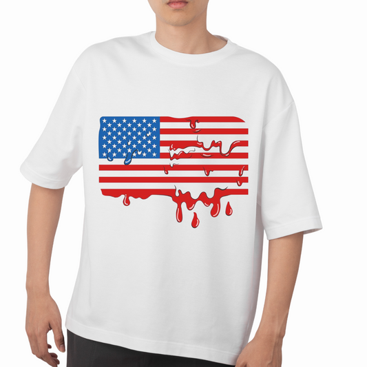 White shirt featuring a dripping American flag shirt design with red and blue stars and stripes