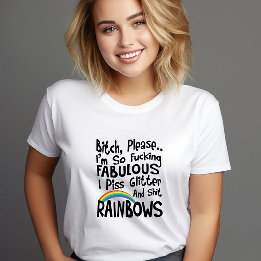 Smiling woman wearing a white fabulous quote shirt with colorful rainbow graphic and bold black text