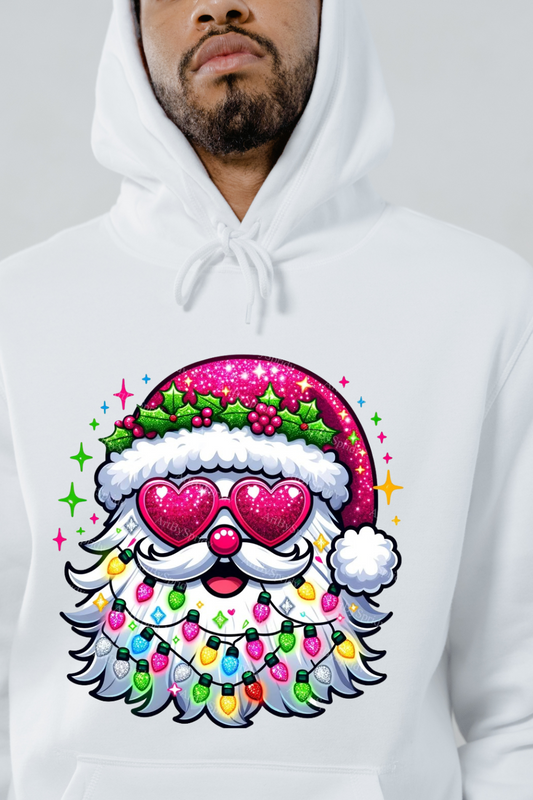 White festive Christmas sweatshirt with colorful Santa face wearing heart-shaped glasses and holiday lights