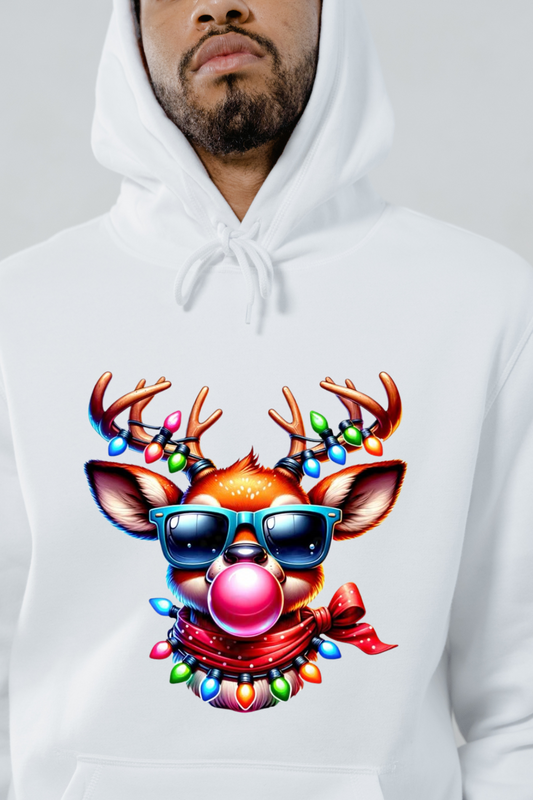 White hoodie with festive deer lights for home graphic featuring a cool reindeer wearing sunglasses and colorful Christmas lights
