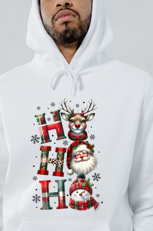 White hoodie featuring a festive Ho Ho Ho sweatshirt design with reindeer, Santa, and snowman