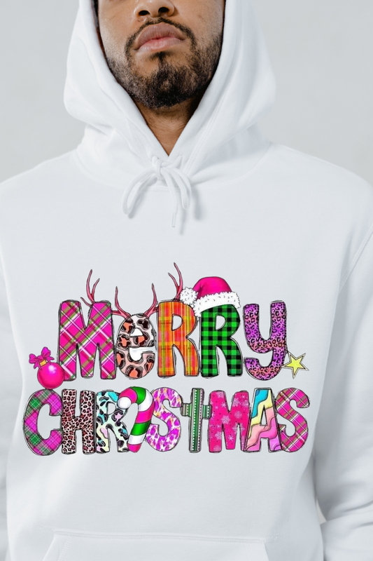 White hoodie from customizable creations with colorful Merry Christmas design perfect for festive holiday apparel