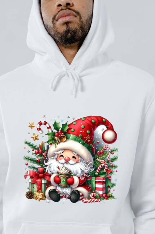 White hoodie featuring festive Santa Claus clothing graphic with holiday gifts and candy canes