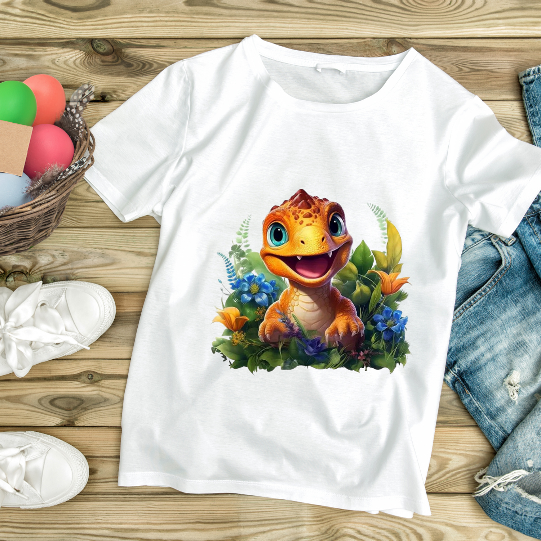 White t-shirt with a colorful floral dino design tee featuring a happy dinosaur surrounded by flowers