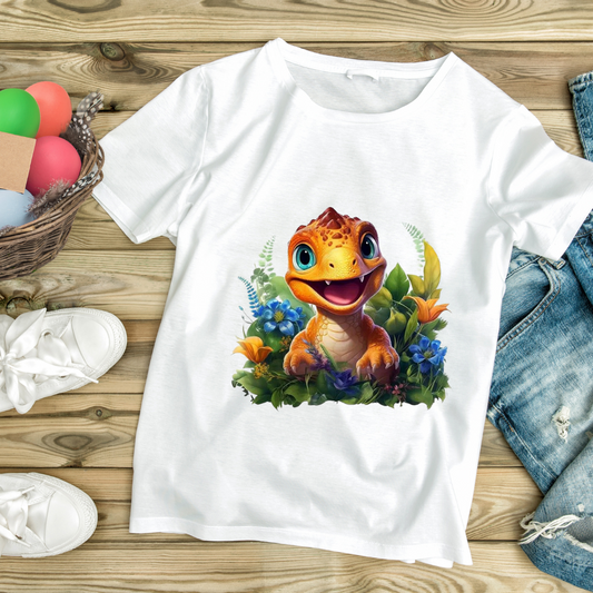 White t-shirt with a colorful floral dino design tee featuring a happy dinosaur surrounded by flowers