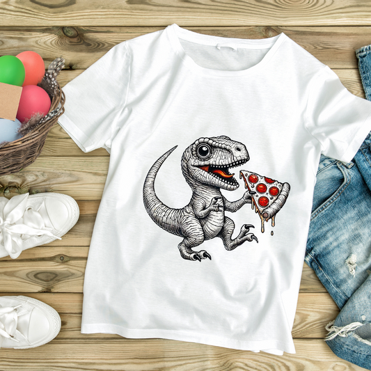 White funny dino pizza shirt with a cartoon dinosaur holding a slice of pepperoni pizza