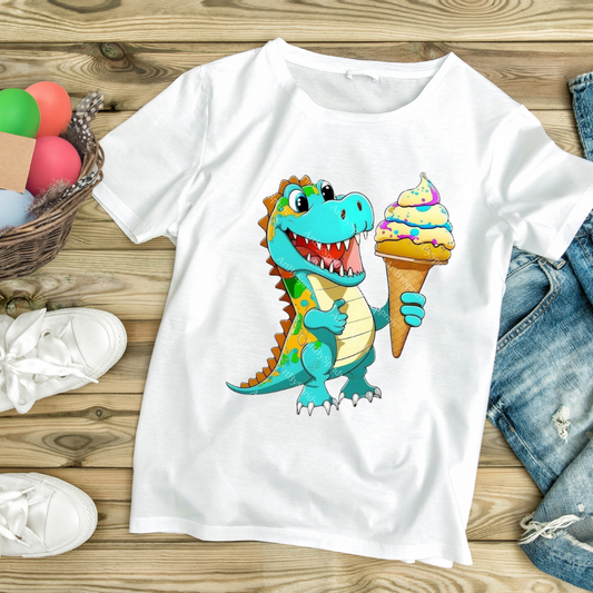White funny dinosaur graphic tee with a colorful cartoon dinosaur holding an ice cream cone
