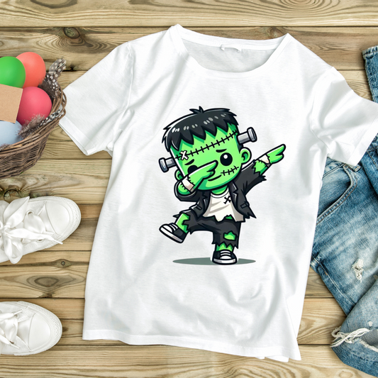 White funny monster graphic tee featuring a dabbing green Frankenstein cartoon on front