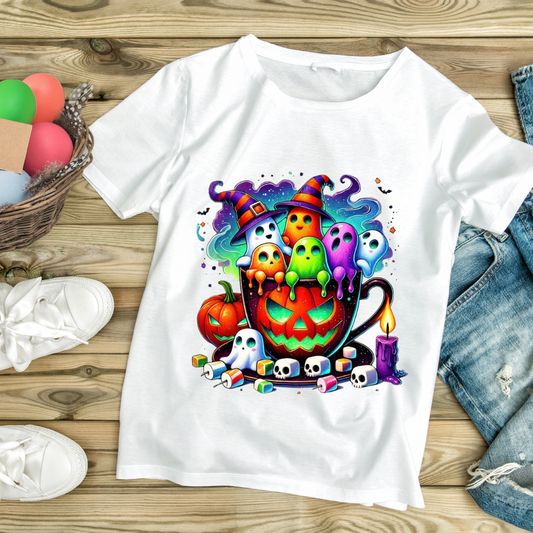 White t-shirt with colorful ghost themed hot chocolate Halloween design and pumpkins on wooden background