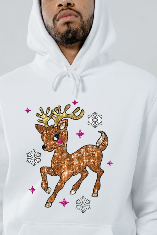 White hoodie with glitter deer hoodie design featuring a sparkling brown reindeer and snowflakes