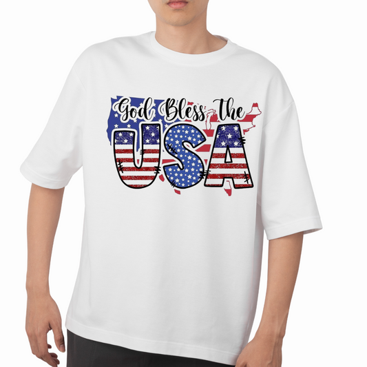 White God Bless the USA shirt with patriotic red white and blue USA letters and map design