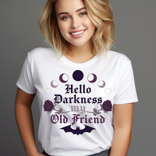Woman wearing a gothic style t-shirt with Hello Darkness my Old Friend design and moon phases